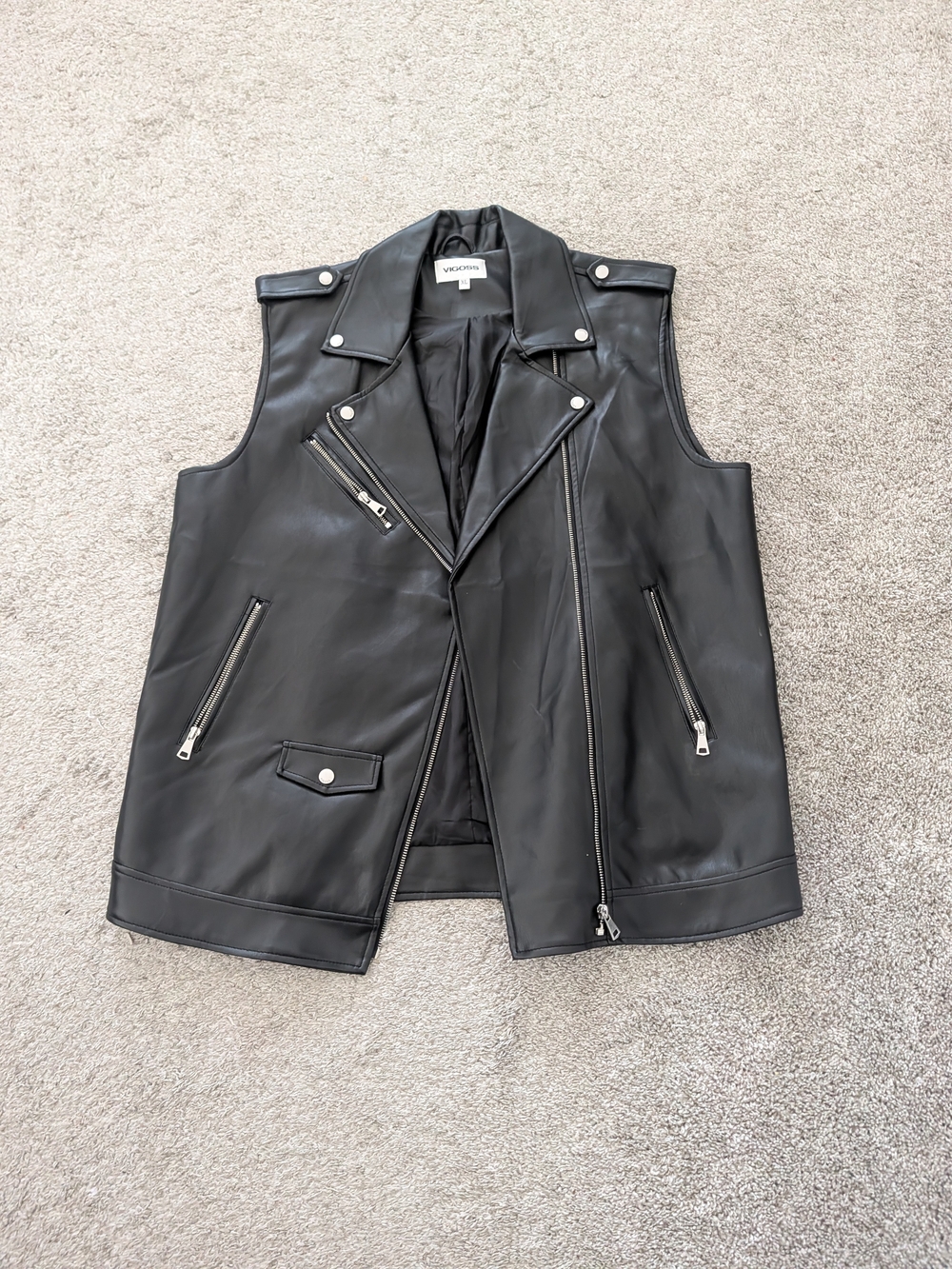 Vigoss Black Leather Sleeveless Moto Jacket Vest XL